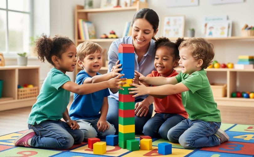 Children and an adult collaborate to build a colorful block tower together in a classroom play area.