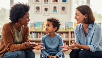 A child engaging with a parent and teacher in a bright community setting, representing cultural influence on how children communicate and relate to others.