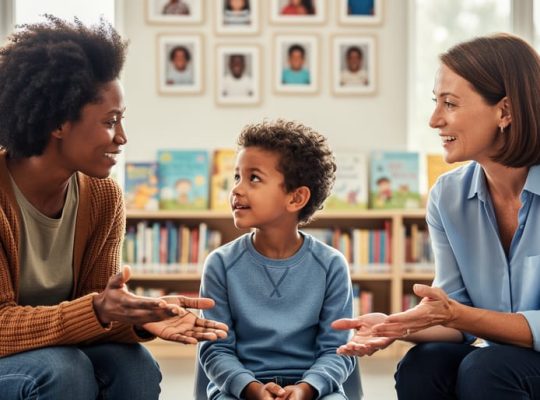 A child engaging with a parent and teacher in a bright community setting, representing cultural influence on how children communicate and relate to others.