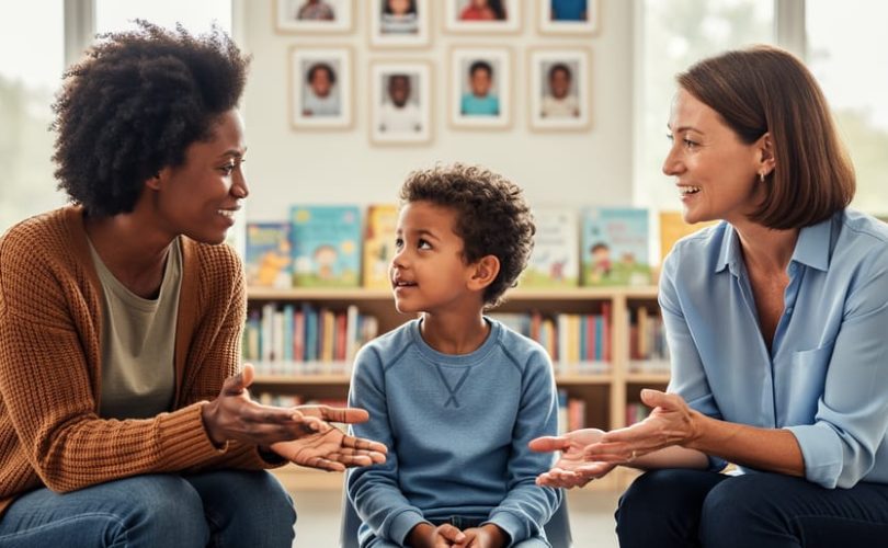 A child engaging with a parent and teacher in a bright community setting, representing cultural influence on how children communicate and relate to others.