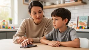 Parent and child sitting together at a kitchen table with a smartphone nearby, showing a calm conversation about healthy screen boundaries.