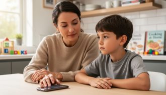 Parent and child sitting together at a kitchen table with a smartphone nearby, showing a calm conversation about healthy screen boundaries.