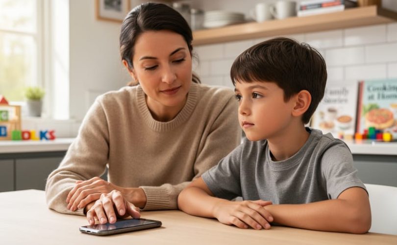 Parent and child sitting together at a kitchen table with a smartphone nearby, showing a calm conversation about healthy screen boundaries.