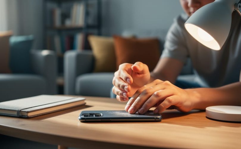 Parent placing a smartphone face-down while a child’s hand reaches toward it, suggesting healthier digital boundaries at home.