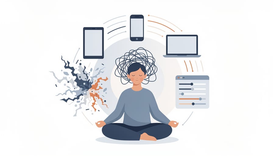 Conceptual image of hands holding a smartphone while paper worry pieces fade into haze