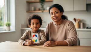 Parent and child sitting together at a kitchen table, calmly discussing emotions using blank emotion cards, symbolizing emotional intelligence skills.