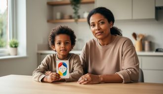 Parent and child sitting together at a kitchen table, calmly discussing emotions using blank emotion cards, symbolizing emotional intelligence skills.
