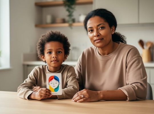 Parent and child sitting together at a kitchen table, calmly discussing emotions using blank emotion cards, symbolizing emotional intelligence skills.