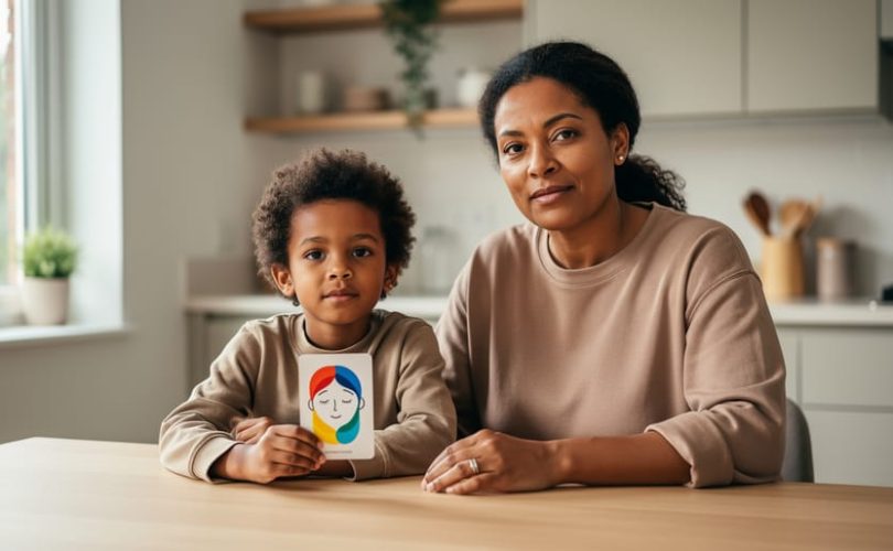 Parent and child sitting together at a kitchen table, calmly discussing emotions using blank emotion cards, symbolizing emotional intelligence skills.