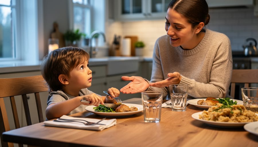 A parent helps a child use chopsticks during a family meal at a dining table.