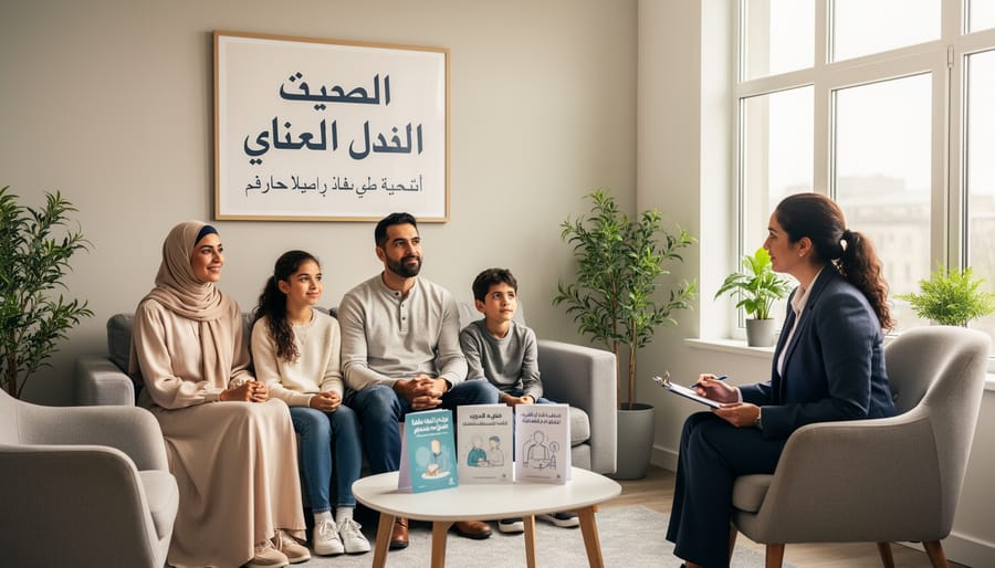 Parent and child meeting with a counselor or pediatric professional in a clinic room
