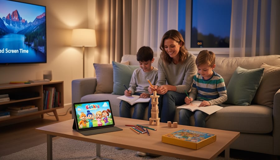 Parent and child at a table with a phone placed face-down beside books and board game pieces.