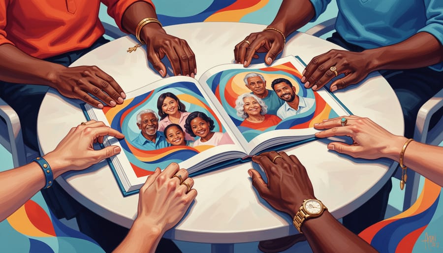 Family members’ hands gathered around a photo album on a kitchen table under warm lighting