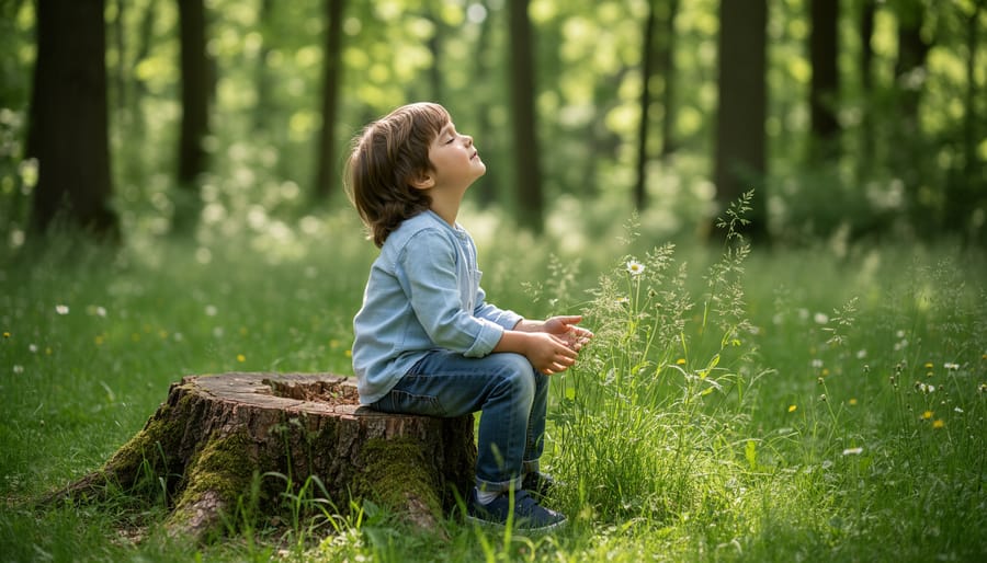 A child sits quietly on a forest floor with relaxed posture, eyes closed, in filtered natural light.