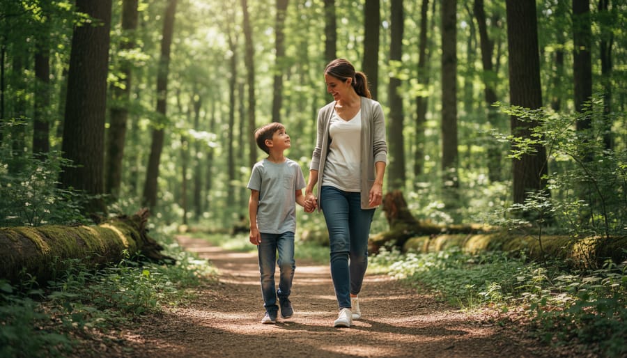 A child and caregiver walk slowly along a forest path, looking at leaves and ferns in soft natural light.