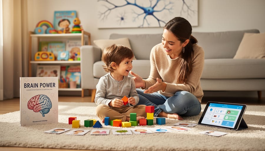Parent and child using colorful blocks and a board game at a kitchen table during learning time