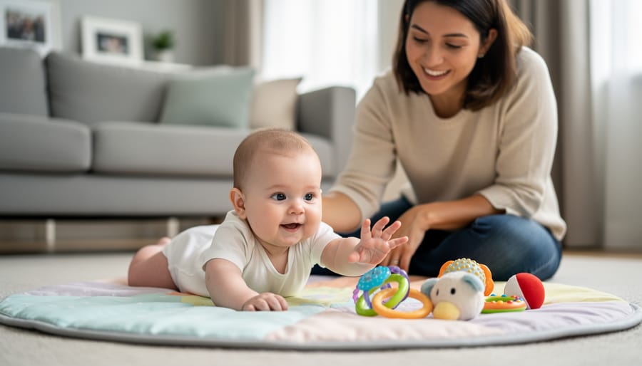 Infant doing tummy time on a mat with caregiver support and toys nearby