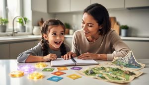 Parent and child at a kitchen table using colorful, game-like learning tokens and cards to make study feel encouraging and fun.