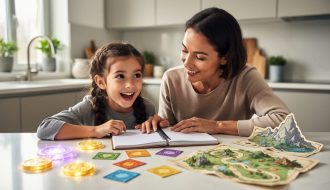 Parent and child at a kitchen table using colorful, game-like learning tokens and cards to make study feel encouraging and fun.