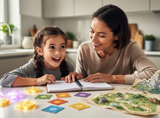 Parent and child at a kitchen table using colorful, game-like learning tokens and cards to make study feel encouraging and fun.