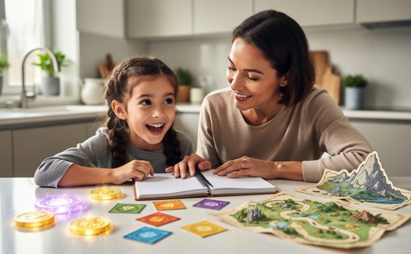 Parent and child at a kitchen table using colorful, game-like learning tokens and cards to make study feel encouraging and fun.