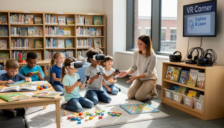 VR headset and controllers resting on a library table with children’s books in the background