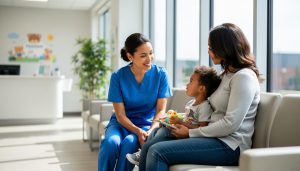 “Clinician seated with a parent and child in a bright pediatric clinic waiting area, conveying compassionate family support related to mandatory reporting.”