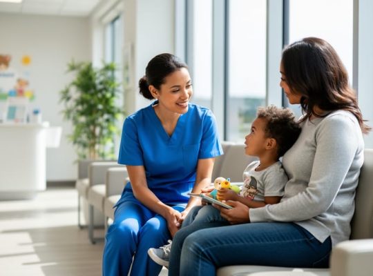 “Clinician seated with a parent and child in a bright pediatric clinic waiting area, conveying compassionate family support related to mandatory reporting.”