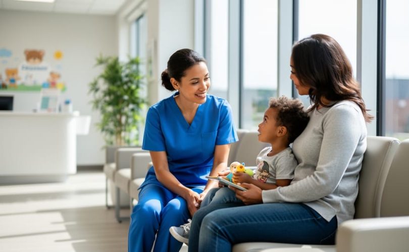 “Clinician seated with a parent and child in a bright pediatric clinic waiting area, conveying compassionate family support related to mandatory reporting.”