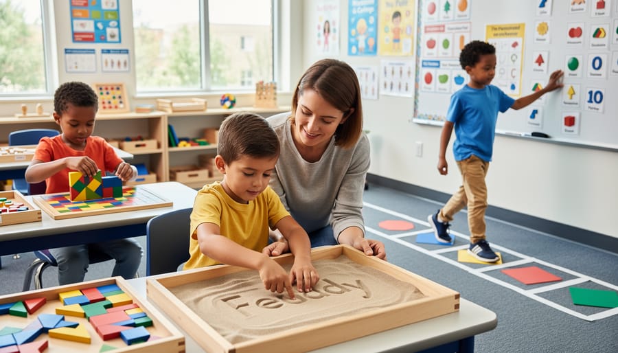 Child engaged in hands-on multi-sensory learning activities on a rug in a bright playroom