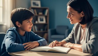 A child and therapist sit across a table in a calm counseling room, with an open notebook between them symbolizing narrative therapy and careful, supportive guidance.