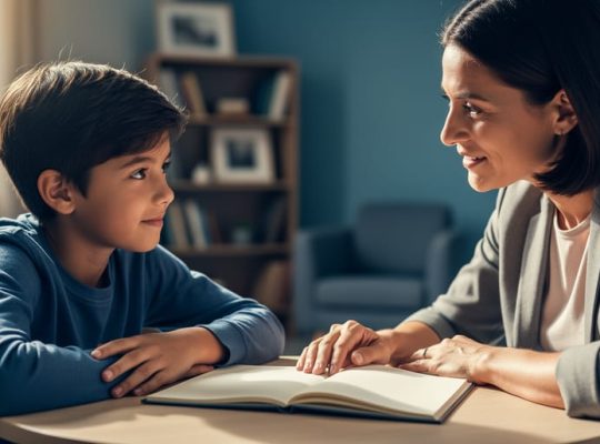 A child and therapist sit across a table in a calm counseling room, with an open notebook between them symbolizing narrative therapy and careful, supportive guidance.