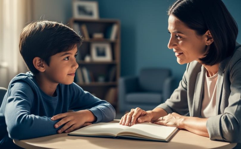 A child and therapist sit across a table in a calm counseling room, with an open notebook between them symbolizing narrative therapy and careful, supportive guidance.