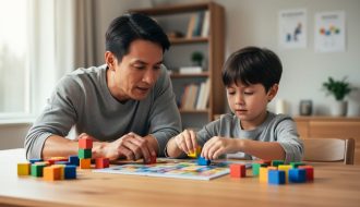 Parent and child sitting at a table playing a board game and building with colorful blocks in a warm, supportive home environment.