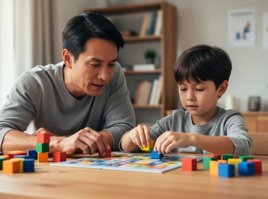 Parent and child sitting at a table playing a board game and building with colorful blocks in a warm, supportive home environment.