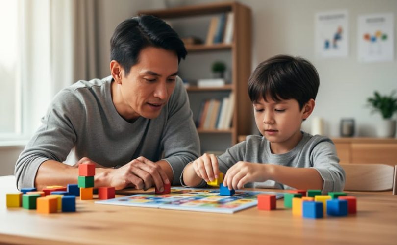 Parent and child sitting at a table playing a board game and building with colorful blocks in a warm, supportive home environment.