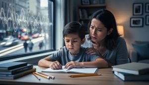 Parent and child studying at a desk indoors, with blurred traffic outside the window suggesting disruptive noise pollution.