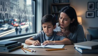 Parent and child studying at a desk indoors, with blurred traffic outside the window suggesting disruptive noise pollution.
