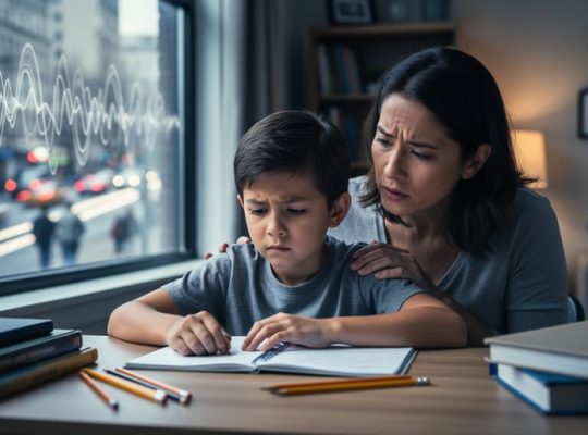 Parent and child studying at a desk indoors, with blurred traffic outside the window suggesting disruptive noise pollution.