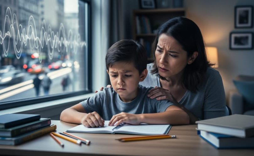 Parent and child studying at a desk indoors, with blurred traffic outside the window suggesting disruptive noise pollution.