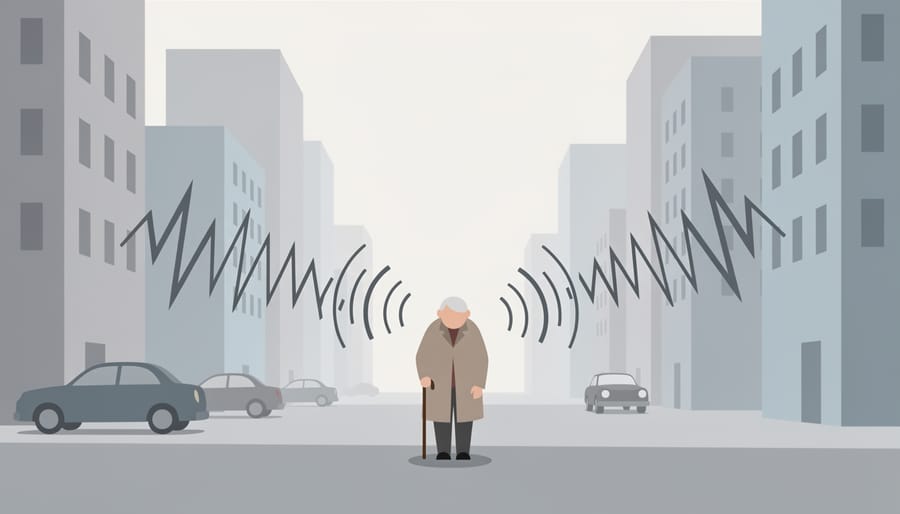 An older person walking by a busy road wearing ear protection, illustrating vulnerability to noise exposure.