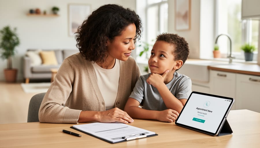 Parent and child waiting together in a clinic, looking calm and supported