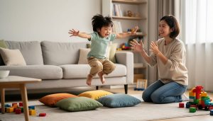 Parent and toddler playing safely indoors, with the child jumping over sofa cushions while the parent stands nearby ready to help.