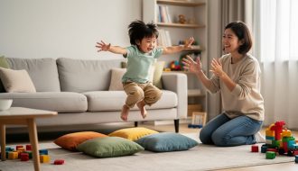 Parent and toddler playing safely indoors, with the child jumping over sofa cushions while the parent stands nearby ready to help.