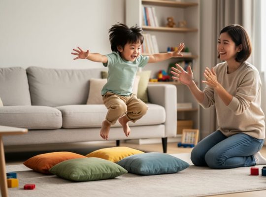 Parent and toddler playing safely indoors, with the child jumping over sofa cushions while the parent stands nearby ready to help.