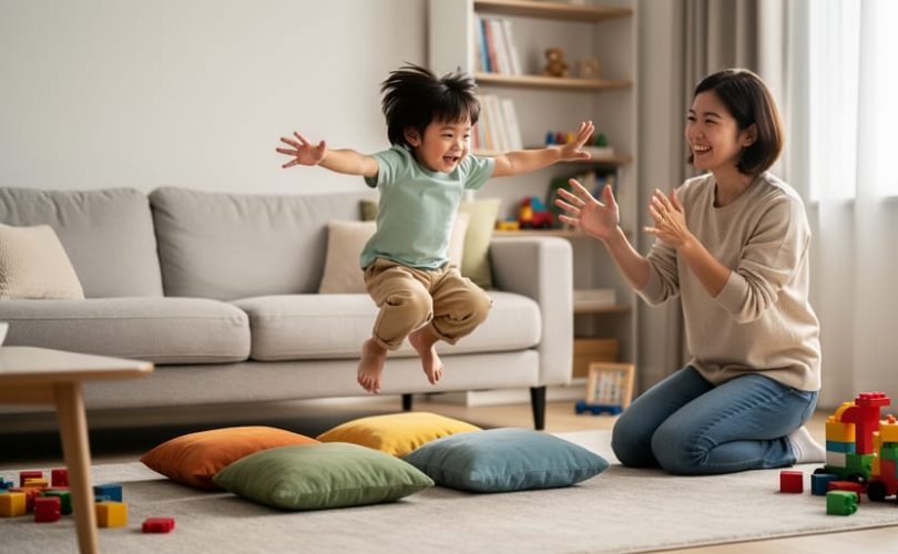 Parent and toddler playing safely indoors, with the child jumping over sofa cushions while the parent stands nearby ready to help.