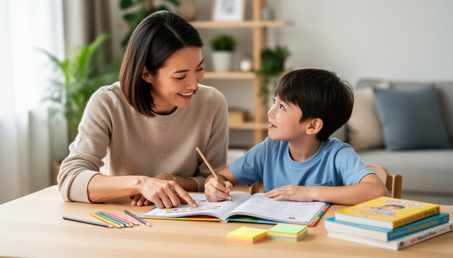 Parent and child working together at a kitchen table with learning materials and small colorful tokens