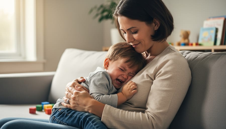 Parent comforting a toddler in a calm, supportive home setting.