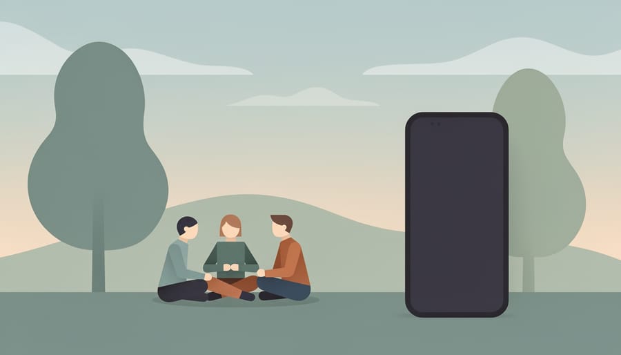 A smartphone is placed face-down in a basket on a bench while a person remains outdoors in sunlight.