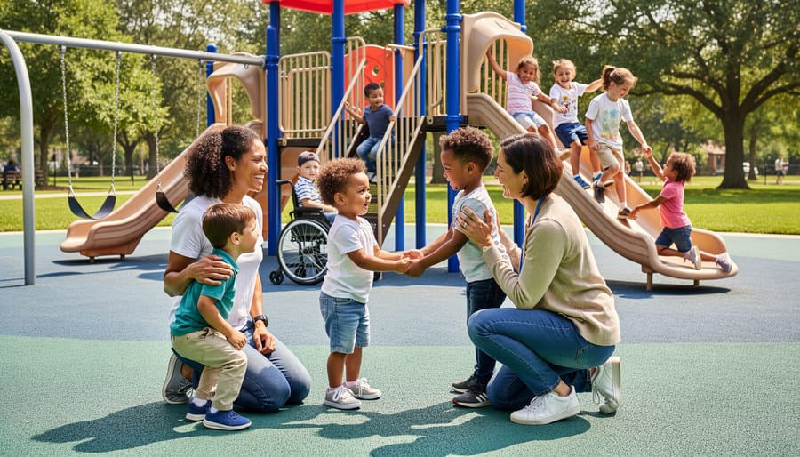 Teacher and diverse children talking together outdoors in a school playground during golden hour.